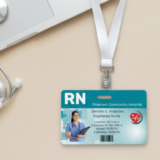 Crachá Personalizado de Identificação de Funcionár (Hospital Medical Employee Photo ID Badge | Custom RN Nurse Healthcare Staff Card)