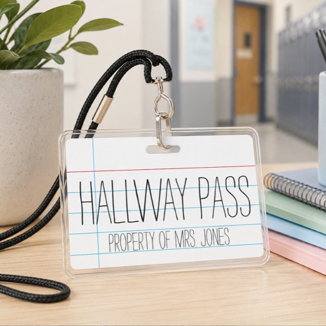 Crachá Personalizado de Permissão de Corredor para (Personalized classroom hall pass badge. Customize with your teacher name for easy classroom use.)