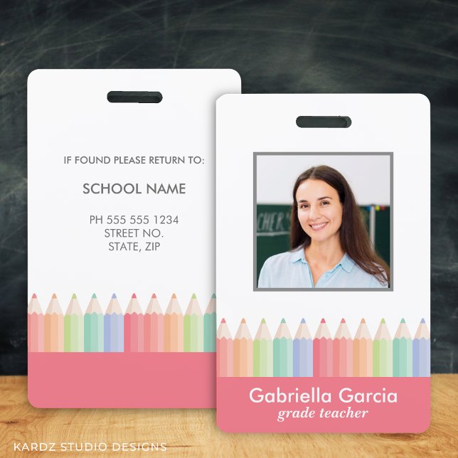Crachá personalizado de professora da escola arco- (Personalize with photo, name, and details to this teacher ID Badge)