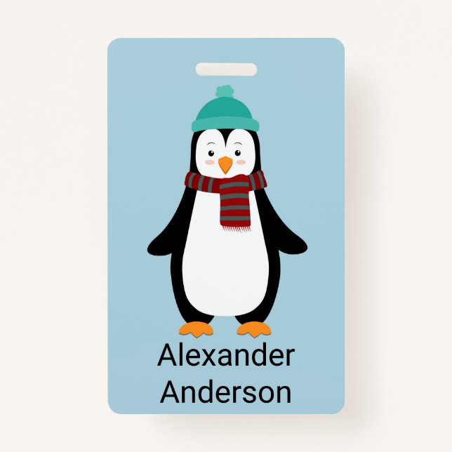 Crachá Personalizar Nome de etiqueta Pinguim Inverno (Frente)