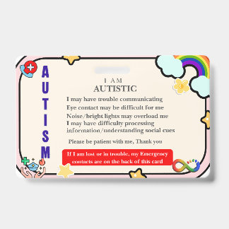 Crachá Personalized Autism ID Card – Emergency Alert