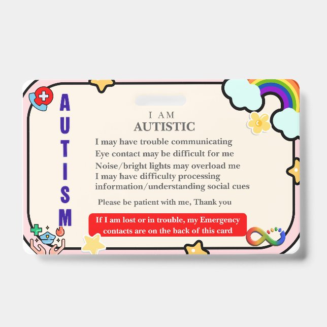 Crachá Personalized Autism ID Card – Emergency Alert (Frente)