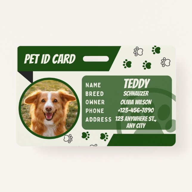 Crachá Personalized Green White Dog Card Photo ID Badge (Frente)