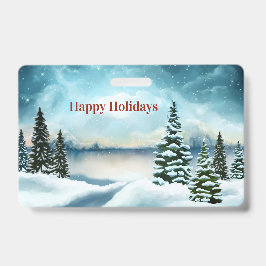 Crachá Pinheiros nevados perto de um lago