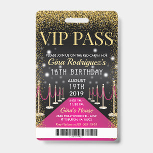 Crachá Pink VIP Pass Hollywood Red Carpet Birday