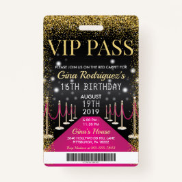 Crachá Pink VIP Pass Hollywood Red Carpet Birday