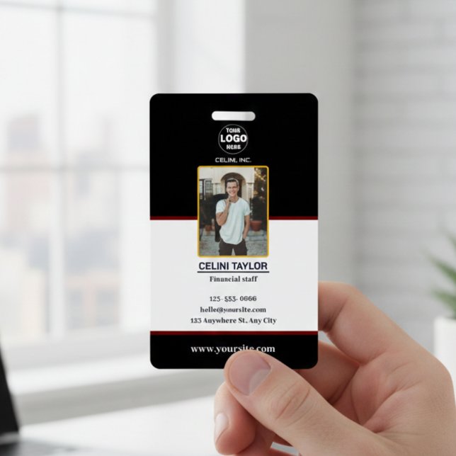 Crachá Placa de identificação preta moderna com fotos e l (Modern Black ID Card with Photo & Logo Badge)
