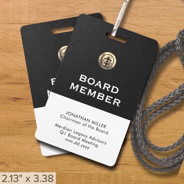 Crachá Placa membro do Conselho personalizável com logoti (Black and brushed gold logo business event essentials, customizable for any industry)