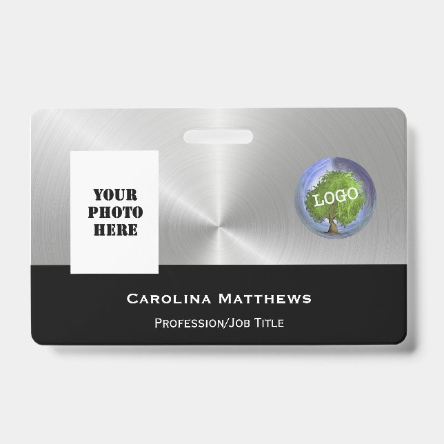 Crachá Prata de fotos com logotipo comercial preto (Frente)