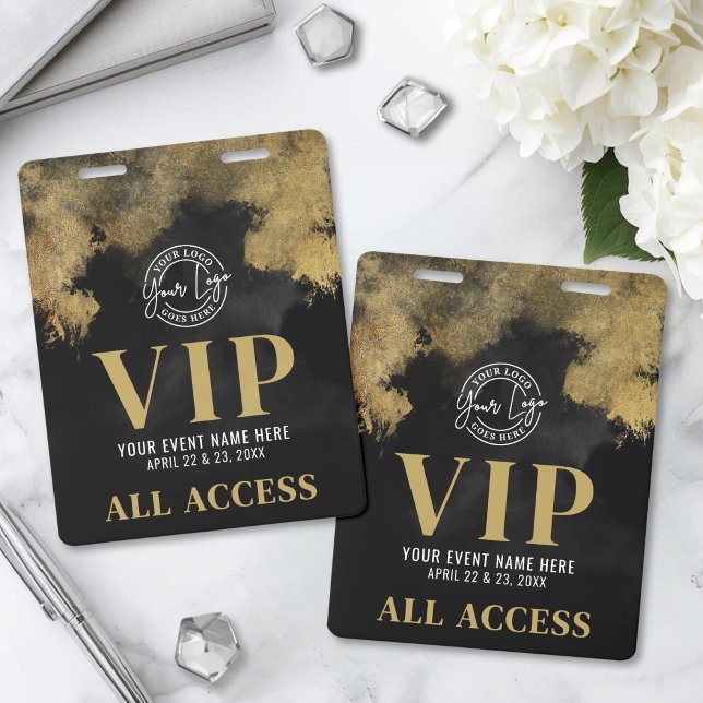 Crachá Preto e Dourado Personalizado VIP Acesso Total (Your Logo Black Gold Event VIP Badge)