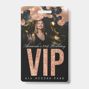 Crachá Preto e Rosa Dourado Personalizável VIP Acesso Tot