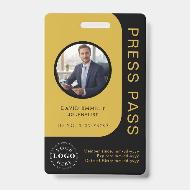 Crachá Professional Black Gold Media Press Pass ID Badge (Front)