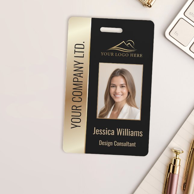 Crachá QR Code de ID de Funcionário com Logo Preto e Dour (Criador carregado)