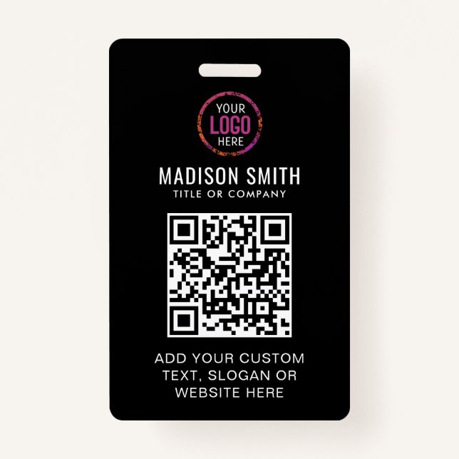 Crachá QR Code Modern Black Business Logo Event Badge (Frente)