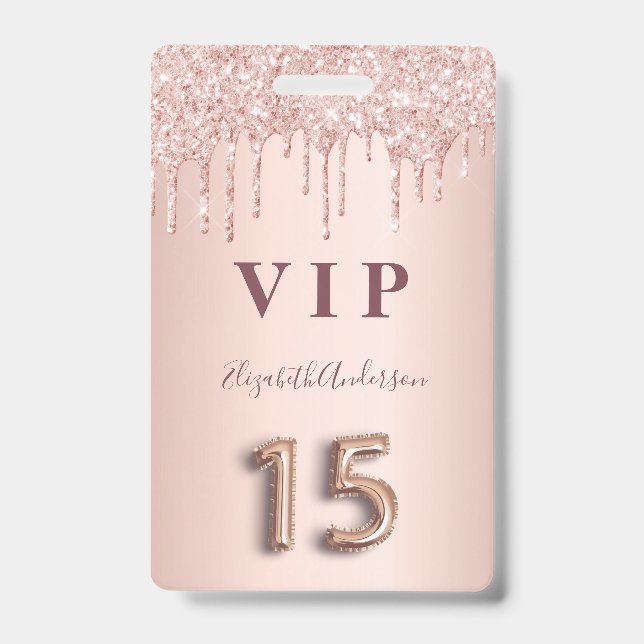Crachá Quinceanera dourado rosado goteja rosa (Frente)