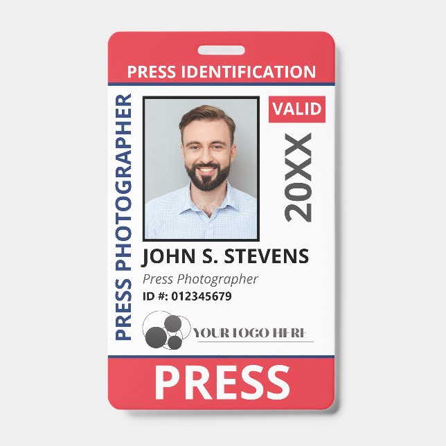 Crachá Red Blue Photo & Logo Press ID QR Code (Frente)