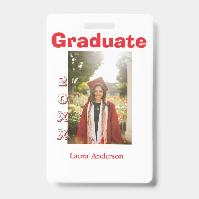 Crachá Red bold photo graduation add name class text (Frente)