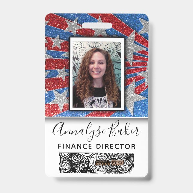 Crachá Red White e Blue Glitter Nurse USA Nome da Foto (Frente)