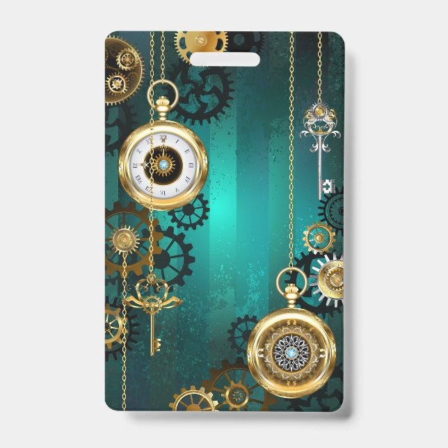 Crachá Relógio de Joias Steampunk em um Fundo Verde (Frente)