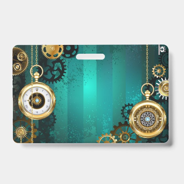 Crachá Relógio de Joias Steampunk em um Fundo Verde (Frente)