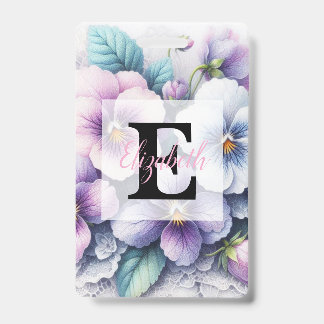 Crachá Renda monograma floral rosa roxo violetas flores