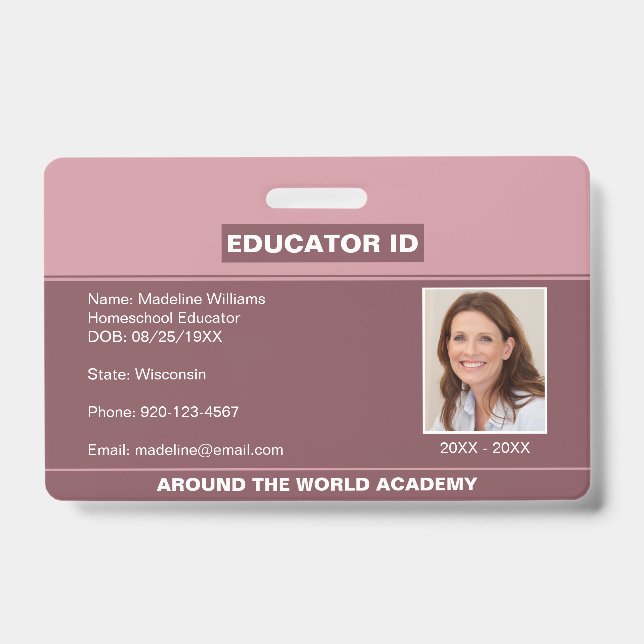 Crachá Rosa Bege ID de Educador de Ensino Domicili (Frente)