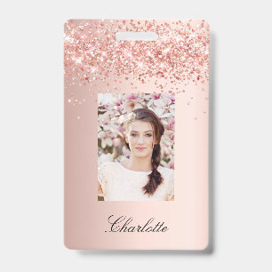 Crachá Rosa dourado glitter nome de foto de blush