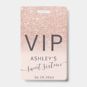 Crachá Rosa gold glitter ombre script blush Sweet 16 VIP