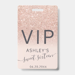 Crachá Rosa gold glitter ombre script blush Sweet 16 VIP