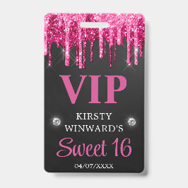 Crachá Rosa Quente e Glitter Caindo Preto Sweet Sixteen