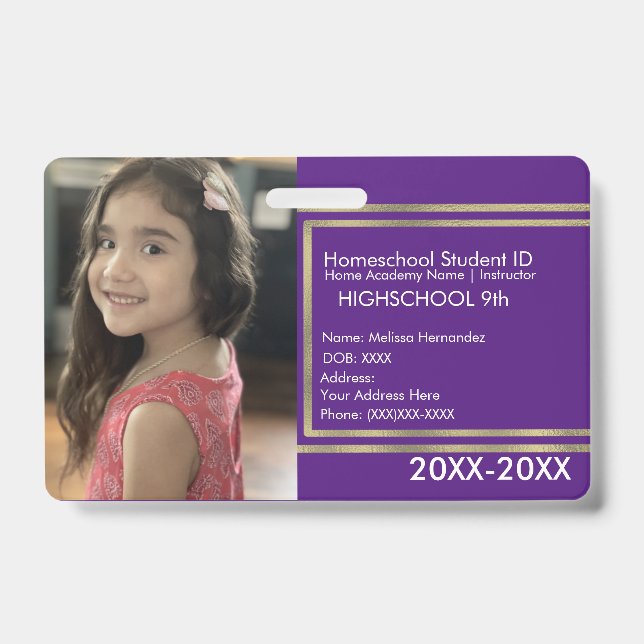 Crachá Roxo Dourado de ID Escolar de Ensino Domést (Frente)
