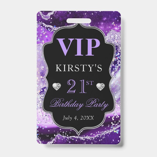 Crachá Roxo e Prata Agata Aniversário VIP Brilho (Frente)