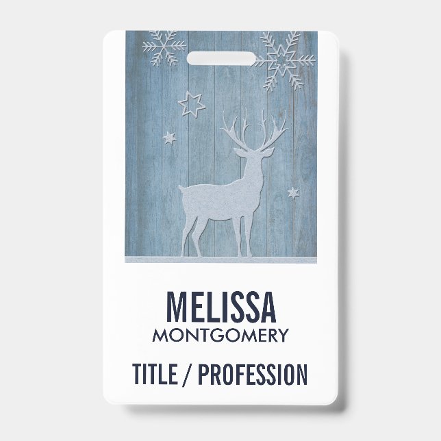 Crachá Rustic Blue Wood Reindet — Natal (Front)