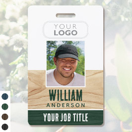 Crachá Rustic Employee ID Name Photo Woodgrain Green