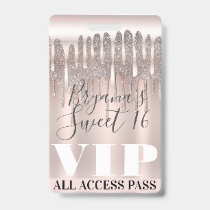 Crachá S sweet 16 VIP Pass Rosa Dourado Glitter Gelo Gote