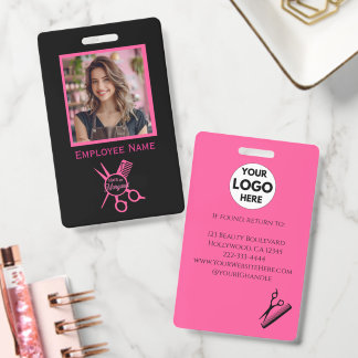 Crachá Salão de Cabelo Logo Foto Tesoura Minimalista Rosa