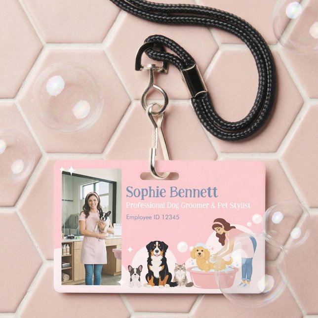 Crachá Salão de Embelezamento de Cães Foto Nome do Funcio (Pet Dog Grooming Salon Photo Staff Name ID Badge)