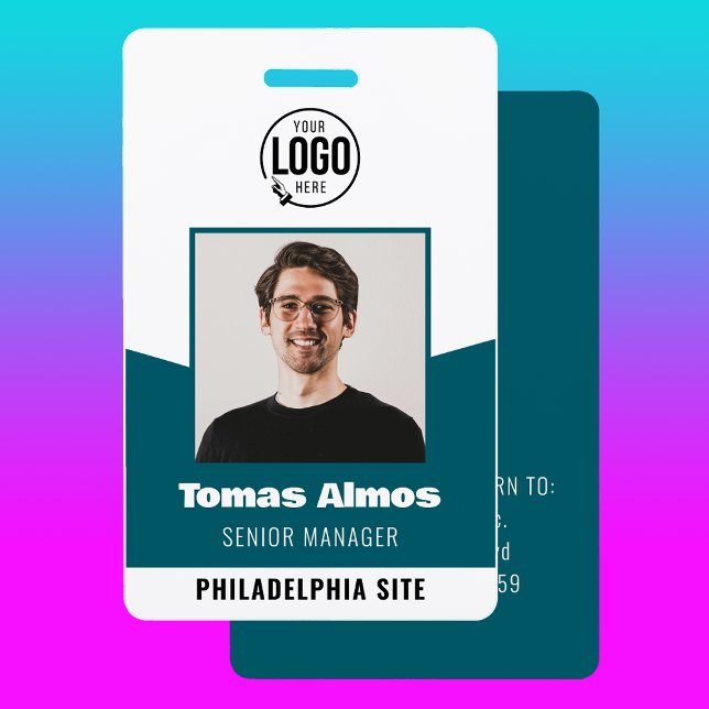 Crachá Segurança Moderna da Empresa de Foto ID de Funcion (Zazzle Modern Teal Employee Staff Photo ID Company Security Badge (Front) Company Business Corporate)