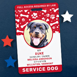 Crachá Service Dog Personalised Red Paw Imprime o ID de F