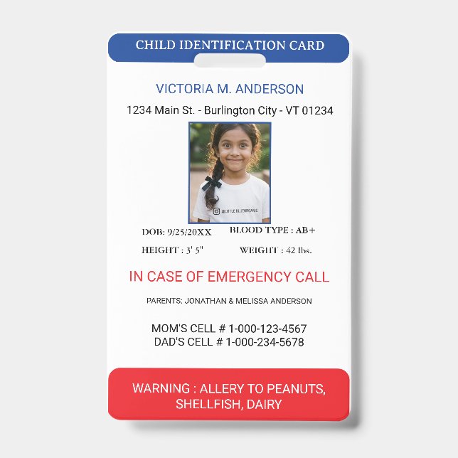 Crachá Simple Photo Identification Emergency Child ID (Frente)