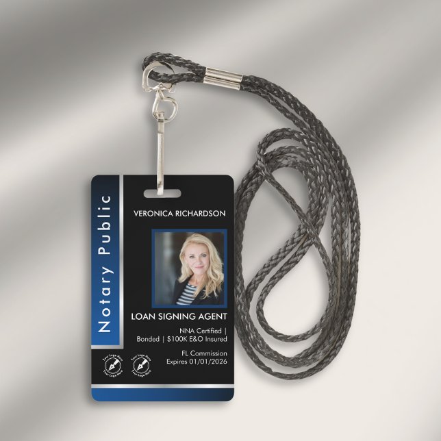 Crachá Sleek Blue Silver Notary QR Code Foto Logo I.D.  (Criador carregado)