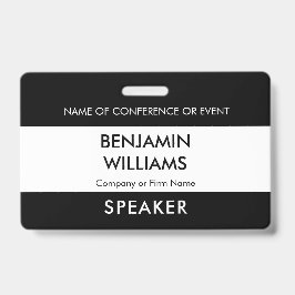 Crachá Speaker Name Badge QR Black White Logo ID Event