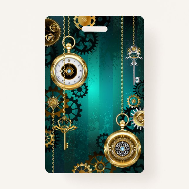 Crachá Steampunk Jewelry Watch em um fundo verde (Frente)