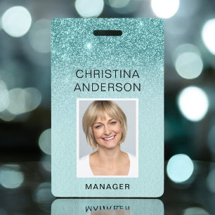 Crachá Teal Blue Glitter Nome do Funcionário Foto Corpora