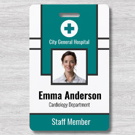Crachá Teal  | ID de Foto do Funcionário do Hospital – En