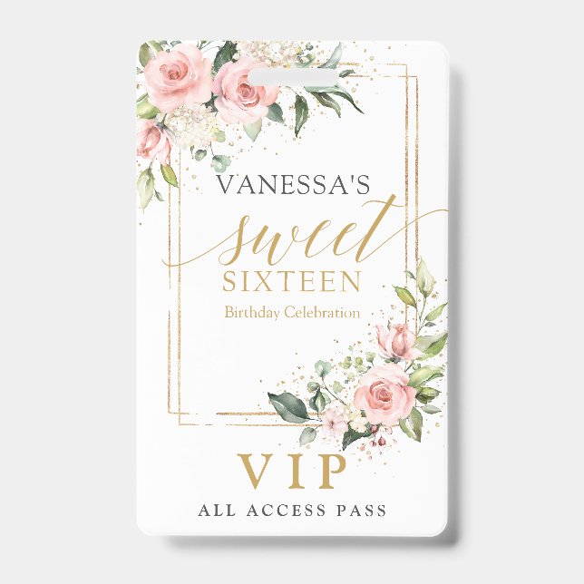 Crachá Trendy blush floral gold sparkles sage doce 16º (Frente)