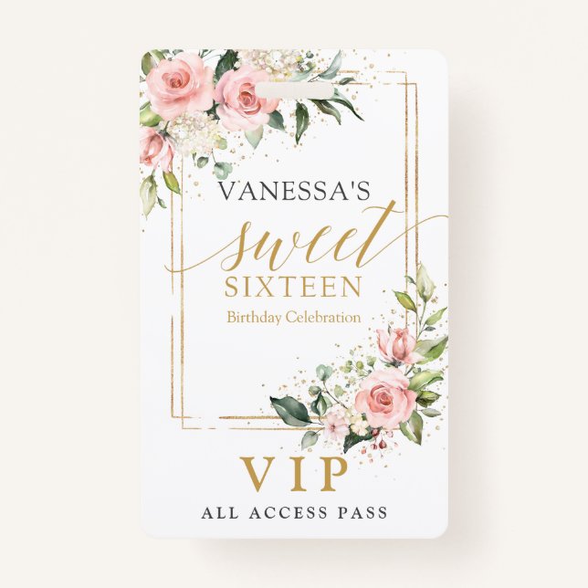 Crachá Trendy blush floral gold sparkles sage doce 16º (Frente)