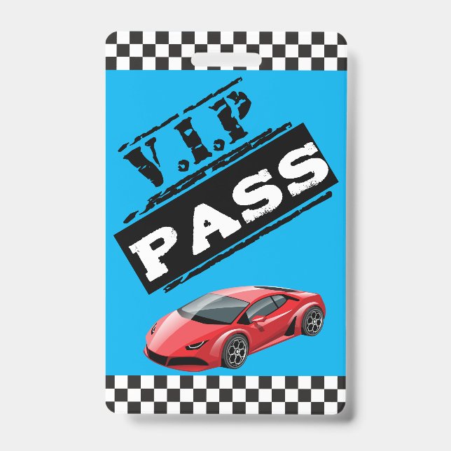 Crachá Trendy Cool Blue Race Car Birthday VIP Passes (Frente)