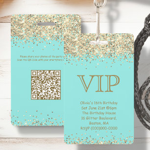 Crachá Turquesa e Dourado   Convite de Aniversário VIP