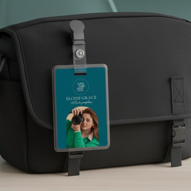 Crachá Turquoise Modern Logo Photo Photographer Badge (This modern business ID tag features a headshot photo and logo!)